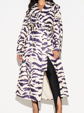 Purple & Cream Preppy Women's Tiger Print Belted Long Trench Coat